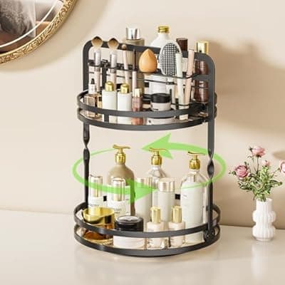 [SEENWUUN] 360° Rotating Makeup Organizer, 2-Tier Black Perfume Organizer for Dresser, Bathroom Organizers Countertop, Perfume Shelf with Makeup Brush Holder, Skincare Holder Cosmetic Display(Black)