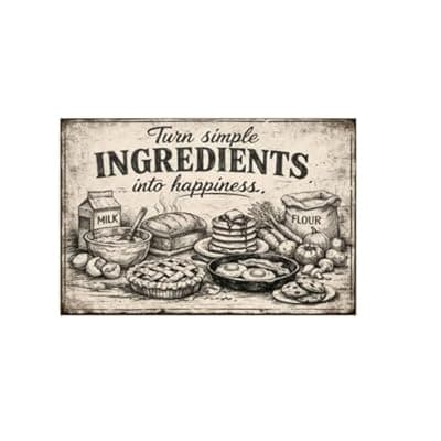 [Carastora] Turn Simple Ingredients Into Happiness Vintage Tin Sign Rustic Kitchen Wall Decor Metal Plaque Farmhouse Baking Food Illustration Art Cafe Pantry Dining Room 8x12 Inch Pre Drilled Holes