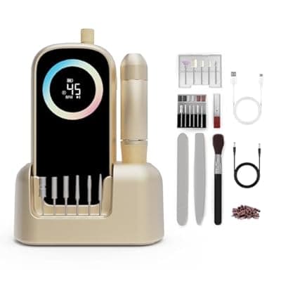 [Meremit] Electric Nail Drill 45000RPM, 2025 Pro High Tech Fast Remove Cordless Nails Drill with Rechargeable Stand for Acrylic Nails, 12Pcs Drill Bits and Holder, LCD Professional Nail Machine for Salon Home