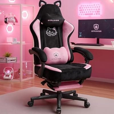 [COMHOMA] Pink Gaming Chair Cute with Cat Ears Ergonomic Computer Chair with Cat Embroidery Adjustable Memory Foam Lumbar Support and Headrest Comfortable Reclining Office Chair for Girls, Teens, Women