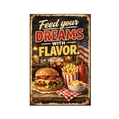[Carastora] Feed Your Dreams With Flavor Vintage Tin Sign Retro Fast Food Wall Decor Metal Plaque Burger Fries Diner Kitchen Cafe Restaurant Art 8x12 Inch Pre Drilled Holes