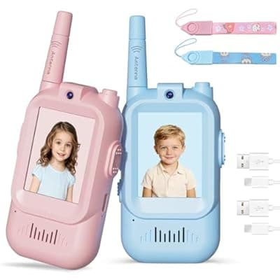 [GamiAcces] Video Walkie Talkies for Kids with Camera, Rechargeable Walkie Talkies 2 Pack for Ages 3-12, HD Video Intercom with Screen & Voice Changer, Indoor Outdoor Communication Toys for Boys Girls (Blue&Pink)