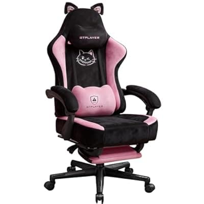 [GTPOFFICE] GTPOFFICE Cute Gaming Chair with Cat Ears,Ergonomic Computer Chair with Footrest Cat Paw Lumbar Support Comfortable Reclining Game Chair Desk Chair for Adult Teens, Soft Fabric, Pink Black