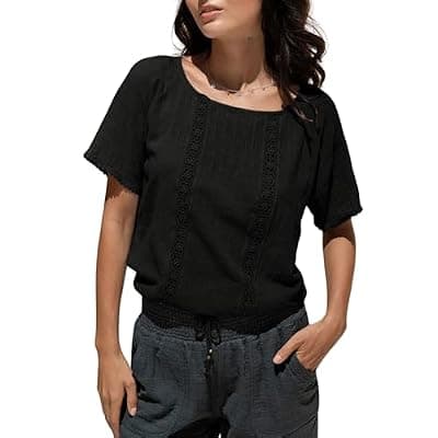 [QIBABU] QIBABU Summer Tops for Women Casual Short Sleeve Round Neck Hollow Out Lace Blouses Shirts