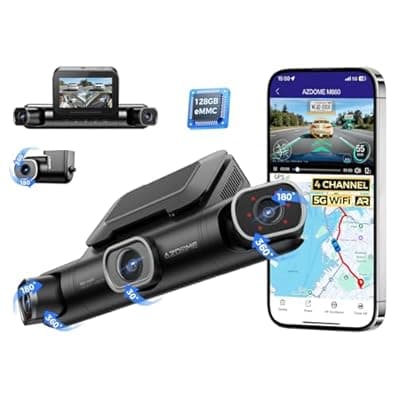 [AZDOME] AZDOME 360° 4 Channel Dash Cam Front and Rear Inside, Built-in 128GB eMMC, 2K+1080P*3 Dashcam, Left Right, Voice Control, 5G WiFi Dash Camera for Cars with 4 Adjustable Lenses, IR Night Vision, M660