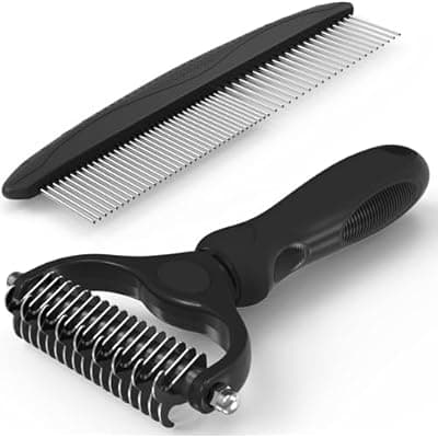 [HFLYJPYW] Pet Grooming Brush and Metal Comb Combo, Cat Brush Dog Brush for Shedding, Undercoat Rake for Dogs Grooming, Dematting Deshedding Brush Dogs Shedding Tool for Long matted Haired Pets, Gray (Black)