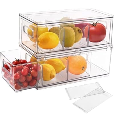 shopwithgreen Refrigerator Organizer Bins with Pull-out Drawer, Drawable Clear Fridge Drawer Organizer with Handle, Plastic Kitchen Pantry Storage Containers , 2 Pack, 3.7QT