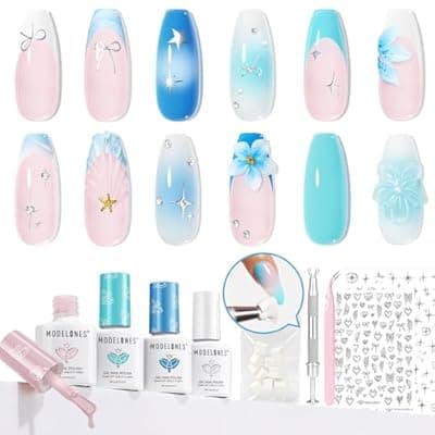 [modelones] modelones Gel Nail Polish Kit White French Jelly Pink Winter Blue Ocean Gel Polish Set with 10 Pcs Nails Sponge for Ombre & Stickers, 4 Colors Gel Mini Salon Home DIY Trend Manicure Gift for Women
