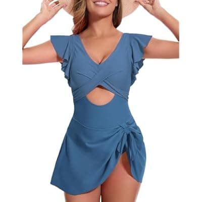 [MFAVIP] MFAVIP Women One Piece Swim Dress Tummy Control Swimsuits V Neck Ruffle Bathing Suit Cutout Sexy Wrap Side Tie with Skirt