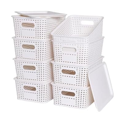 [Ohmlove] Plastic Storage Baskets with Lid-Plastic Storage Containers Stackable Storage bins: Storage Baskets for Organizing Shelves Drawers Desktop Closet Playroom Classroom Office,8 Pack-White10.2x7.2x4.1Inch