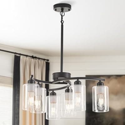 Black Modern Farmhouse Chandelier,6 Light Dining Room Light Fixtures Over Table,Adjustable Height Industrial Hanging Pendant Lighting with Clear Glass Shade for Living Room Bedroom Bathroom Entryway