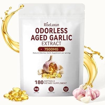 RiseLuxun Aged Garlic Extract Capsules 7500mg with Magnesium, Chromium, B1 & B9, Odorless Organic Garlic Supplement for Hear*ts & Immun*e Suppor*t (1 Bag)