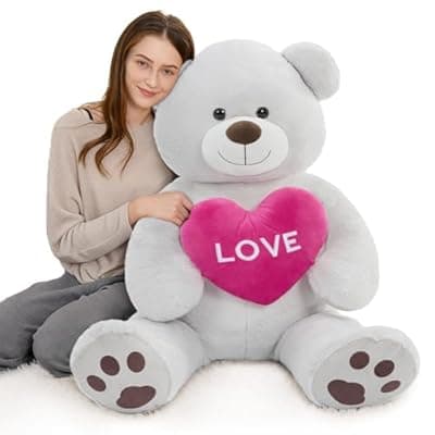 [Karister] Karister Giant Valentines Teddy Bear Stuffed Aniaml, 52" Large Soft Teddy Bear Plush with Red Heart, 4.3 Feet Love Bear Plushie as for Girlfriend Wife Kids, Baby Shower Decor, Gray