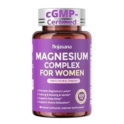 [HojaSana] HojaSana 7-in-1 Magnesium Complex for Women for Sleep, 60 Vegan Capsules | With 600mg Magnesium Glycinate & L-Theanine & Vitamin B6 for Stress Relief & Cortisol Balance Support, Non-GMO, Gluten Free