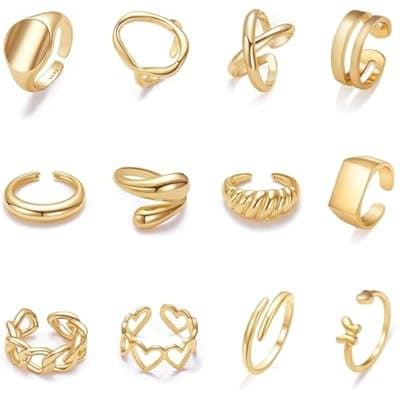 12PCS Gold Stackable Rings Set for Women, Chunky Non Tarnish Ring for Knuckle Finger, Fashion Adjustable Thumb Pinky Signet Heart Rings for Jewelry Gift