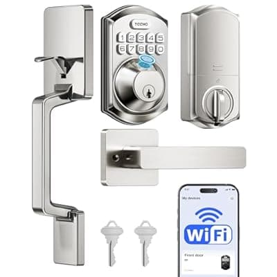 [TEEHO] TEEHO TE012W-H WiFi Keypad Door Lock with Handle Set, Fingerprint Smart Locks, Front Door Keyless Entry, APP Remote & Voice Control, Digital Deadbolt with 2 Keys, Auto-Lock, Easy Install, Satin Nickel