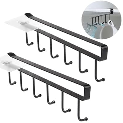 [Oniapro] 2 Pack Storage Mug Hooks Rack Under Cabinet Each with Fixed Sticker, 6 Hooks Cup Holder Hanger, Ties Belts Scarf Hanging Hook Rack, Mug Hook Hanger Under Shelf Without Drilling Kitchen Utensil Hanger