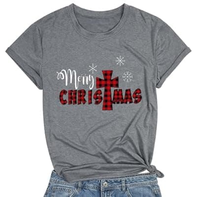 [DESFSE] DESFSE Merry Christmas Shirts for Women Christmas Short Sleeve Tshirt Xmas Buffalo Plaid Tree Cute Graphic Print Tee Tops