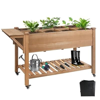 [ketive] ketive Raised Garden Bed with Legs & Wheels 55.5" x 24" x 32" Outdoor Planter Box with Storage Shelf & Hooks for Patio Backyard Balcony Gardening Mobile Planter for Vegetables Herbs Flowers (Brown)