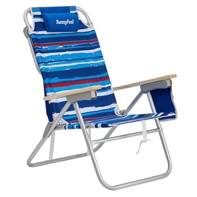 [SUNNYFEEL] SUNNYFEEL Tall Beach Chair, Reclining Beach Chair with 5-Position, Portable Camping Chair for Adults with Wood Armrest, Lightweight Camping Chair 300 lbs Heavy Duty, Blue Stripe