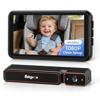[Babyvue] Babyvue Wireless Baby Car Camera, Easy 2-Step Setup, 5.2" Display, 1080P HD IR Night Vision, Clip-On or Strap Mount, 3X Zoom, Back Seat Camera for Baby
