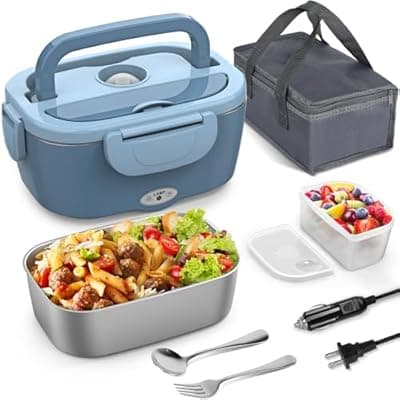 [Vingud] Vingud Electric Lunch Box Food Heater, 3 in 1 Heating Lunch Box for Work/Car/Truck, Heated Lunch Boxes for Adults with 1.5L Stainless Steel Container, 12V 24V 110V (Blue)