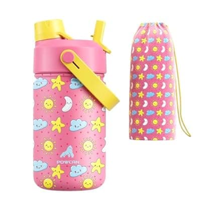 [POWCAN] 12 oz Kids Water Bottle for Girls: Leakproof, BPA-Free, Durable Straw Spout Lid, 24H Cold, Cute Patterns, Insulated Stainless Steel Cup with Carrier Bag for School, Trip, Camping, Daily (Sunny Dreams)