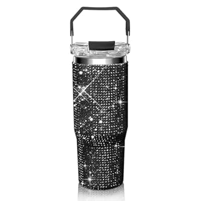 [HWISDMIG] 30oz Bling Rhinestone Studded Tumbler with Top Handle, Bling Cups Stainless Steel Water Bottle Diamond Glitter Tumbler for Women - Birthday Gifts for Women, Mom,Get Well Soon Gifts (Black)