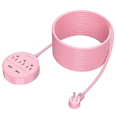 [NTONPOWER] Extra Long Extension Cord 25 ft, NTONPOWER Rose Pink Flat Plug Power Strip with USB Ports, 3 Outlet 2 USB Desktop Charging Station Wall Mount for Home, Dorm Room, Office and Nightstand, ETL Listed