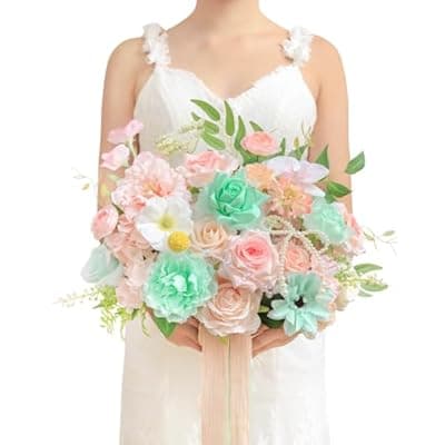 [TINGE TIME] TINGE TIME 13 Inch Wedding Bouquets for Bride,Bridal Bouquet for Bride, Artificial Silk Flowers for Wedding Ceremony and Anniversary (Mint Green & Pink)