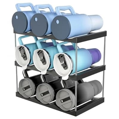 [Generic] Clear Plastic Stackable Bottle Storage Rack, 9 Bottle Water Bottle Organizer Wine Holder, Kitchen Cabinet Pantry Countertop Organizer, No Tools Easy Assembly Fits 40oz Bottles (Three Floors)