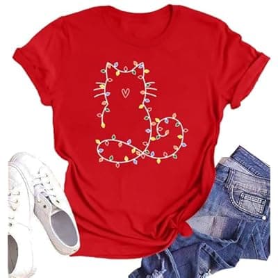[YI XIANG RAN] Christmas Shirts for Women Meowy Christmas Tshirt Cat Graphic Tee Short Sleeve Cat Lover Gifts Tops