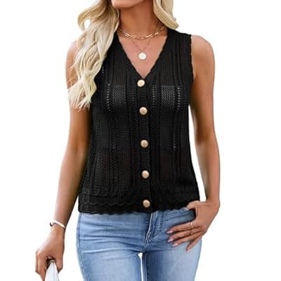 Bellcoco Womens Crochet V Neck Sweater Vest Hollow Out Summer Sleeveless Tops Knit Spring Cardigans Button Down Tank Top