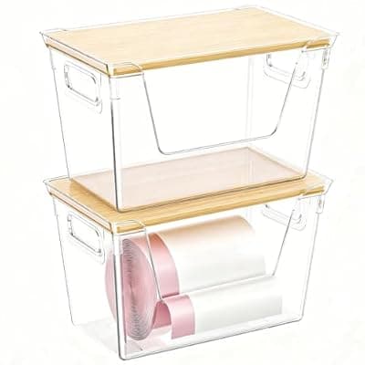 [ShinyDew] ShinyDew 2 Pack Trash Bag Dispenser with Bamboo Lid, Stackable Trash Bag Holder, Large Clear Garbage Bag Organizer for 4-33 Gal Bags, Space-Saving Under Sink Organizer for Kitchen, Laundry, Pantry