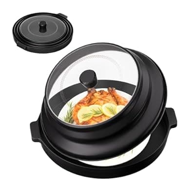 [Fancybird] 2 in 1 Microwave Splatter Cover for Food with Anti-scald Base Plate, Large Plastic & Silicone Collapsible Vented Food Guard Lid, Plate Holder & Kitchen Colander (Black)