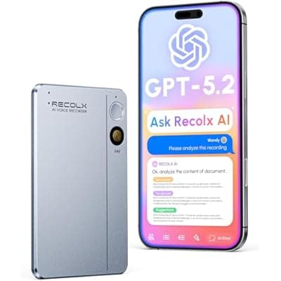 [RECOLX] RECOLX AI Voice Recorder & Transcriber with GPT-5.2 Analysis – 30-Hour Recording, 112-Language Speech-to-Text & Auto Summary for Meetings, Lectures & Interviews, Silver Grey