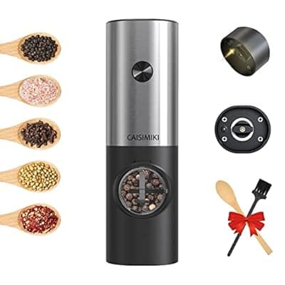 [CAISIMIKI] CAISIMIKI Electric Salt or Pepper Grinder Battery Operated, Automatic Salt and Pepper Mill Grinder Shakers with LED Light, Adjustable Coarseness, Include Brush and Spoon, Stainless Steel 1 PACK