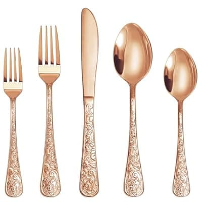 [Runfly] Runfly Vintage Carved Rose Gold/Copper Stainless Steel 20 Pieces Flatware Set, Silverware Set, Modern Embossed Cutlery Set Utensils Including Fork Spoon and Knife