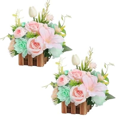 [TINGE TIME] TINGE TIME Wedding Centerpiece Flower with Basket, Set of 2 Large Artificial Flowers Floral Arrangement for Tabletop Mantel Archway Aisle (MintGreen&Pink)