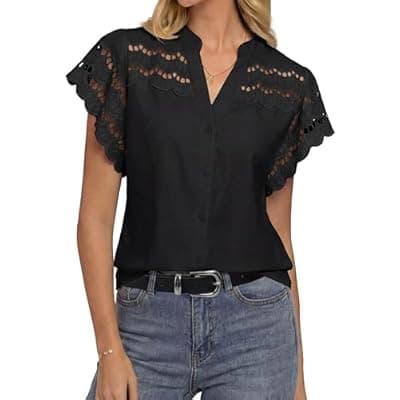 [GRACE KARIN] GRACE KARIN Womens Summer Tops Cotton Linen Eyelet Flowy Blouses Beach Vacation V Neck Button Down Shirts Trendy Clothes 2026