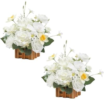 [TINGE TIME] TINGE TIME Wedding Centerpiece Flower with Basket, Set of 2 Large Artificial Flowers Floral Arrangement for Tabletop Mantel Archway Aisle (IvoryWhite)