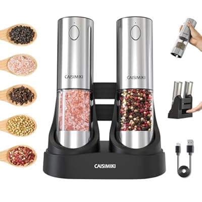 [CAISIMIKI] CAISIMIKI Electric Salt and Pepper Grinder Set Upgraded Stainless Steel Spice Grinder USB Rechargeable Automatic Pepper Mill Dual Charging Station Grinder Shakers, Silver