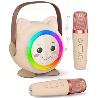 [Aadmd] Mini Karaoke Machine Toy for Kids, Portable Karaoke Machine with 2 Wireless Microphone for 4,5,6,7,8,9,10,11,12+ Years Old Christmas Birthday Gifts Girls Boys (Beige)