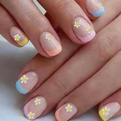 [YOSOMMK] YOSOMMK Short Press on Nails Square Fake Nails with Flower Designs Pink Flower on Nail Bling Sequins Acylic Nail for Women and Girls