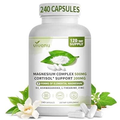 [VivoNu] Magnesium Complex for Women & Men with Cortisol Support, D3, Zinc, 7 Forms Magnesium Supplement 500 MG - Magnesium Glycinate, l threonate, Citrate & More, Supports Sleep, Stress* Relief, 240 Capsules
