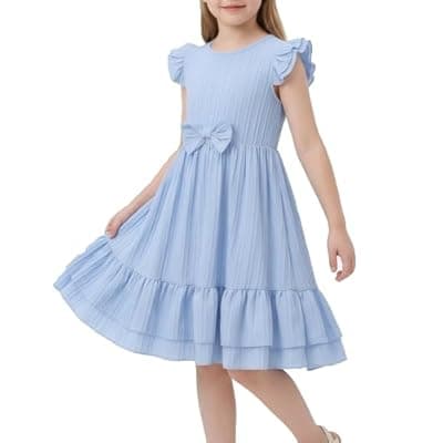 [Mariy Riseni] Mariy Riseni Girls Summer Sundress Ruffle Bowknot A-Line Casual Birthday Party Dress for Little Kids 5-12 Y