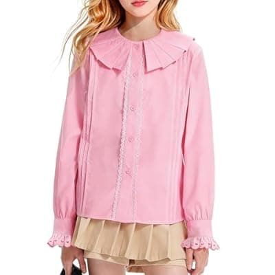 [Barry Banny] Barry Banny Girls Dress Shirt Button Down Blouse Kids School Uniform with Peter Pan Collar Size 6-16Y