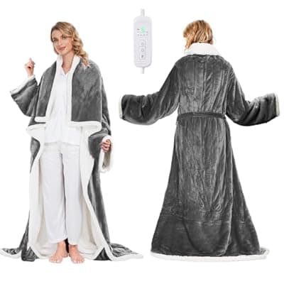 [SIHOHAN] Portable Heated Blanket - Wearable Heated Blanket Throw with Foot Pockets, Sleeves Flannel Sherpa Wearable Blanket 8 Heating Levels & Timer Snuggle Blankets for Home Office - Heated Robe 50*70"