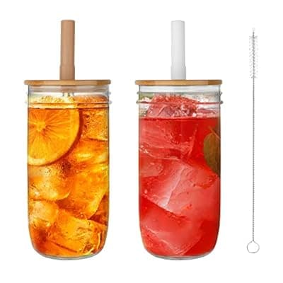 [Luxgola] Luxgola Glass Tumbler with Lids and Straws 2 Pack, 24oz Glass Drinking Jars with Lids and Straws,Reusable Wide Mouth Mason Jar Iced Coffee Cup,Smoothie Cup Coffee Travel Mug for Car/Home
