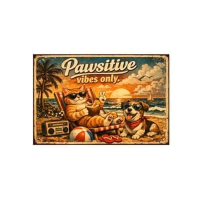 [Carastora] Pawsitive Vibes Only Vintage Tin Sign Funny Cat Dog Beach Wall Decor Retro Metal Plaque Summer Coastal Artwork Gift for Pet Lovers Home Bar Patio 8x12 Inch Pre Drilled Holes